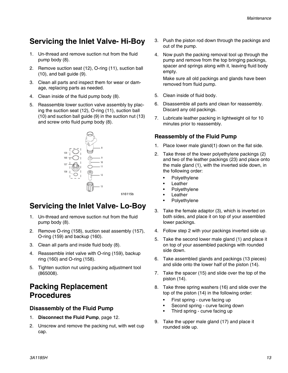 Servicing the inlet valve- hi-boy, Servicing the inlet valve- lo-boy, Packing replacement procedures | Disassembly of the fluid pump, Reassembly of the fluid pump | AIRLESSCO LP500 User Manual | Page 13 / 34