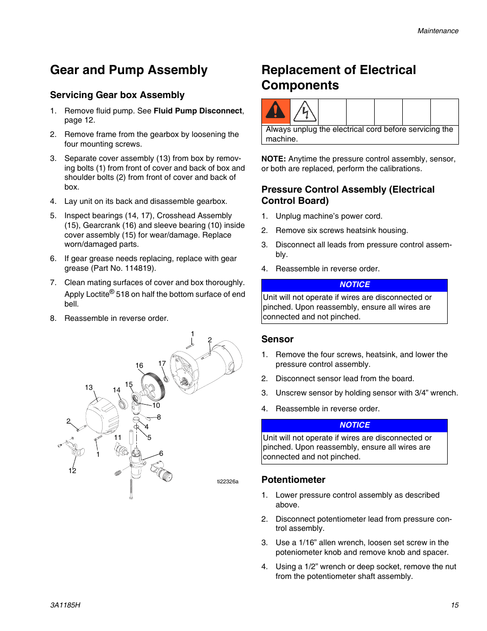 Gear and pump assembly, Replacement of electrical components | AIRLESSCO LP500 User Manual | Page 15 / 34