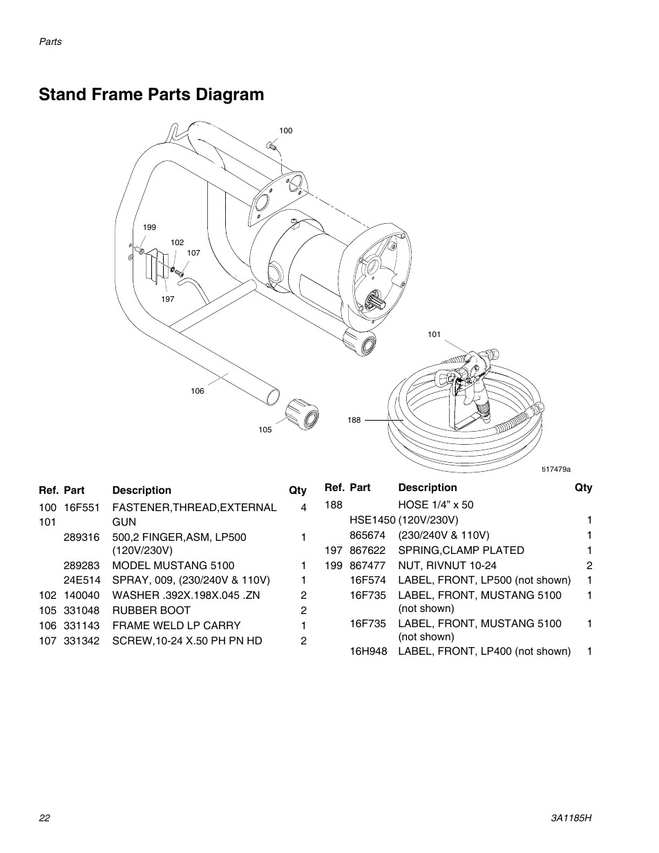 Stand frame parts diagram | AIRLESSCO LP500 User Manual | Page 22 / 34