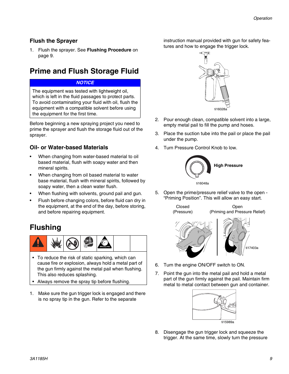 Prime and flush storage fluid, Flushing | AIRLESSCO LP500 User Manual | Page 9 / 34