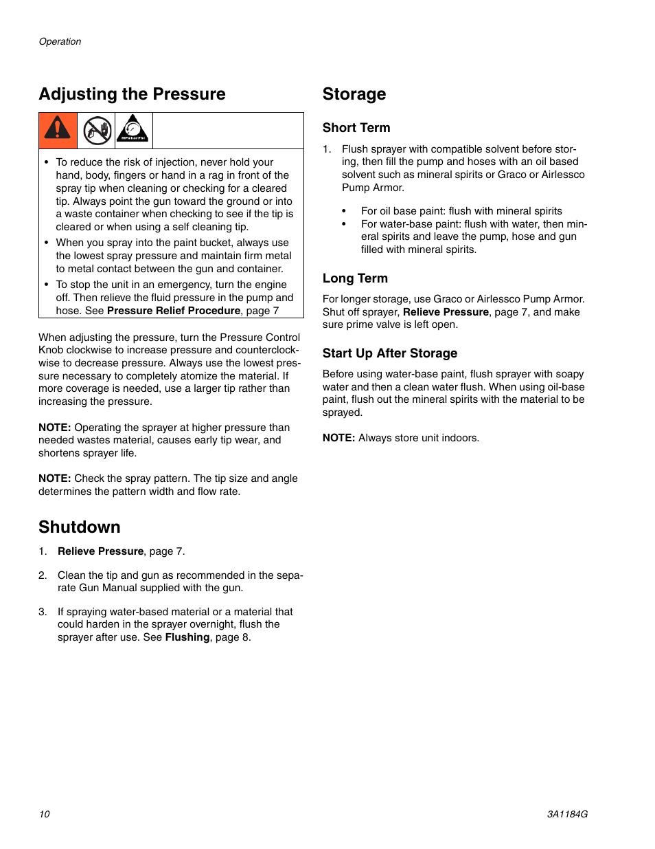 Adjusting the pressure, Shutdown, Storage | AIRLESSCO SL1100 User Manual | Page 10 / 34