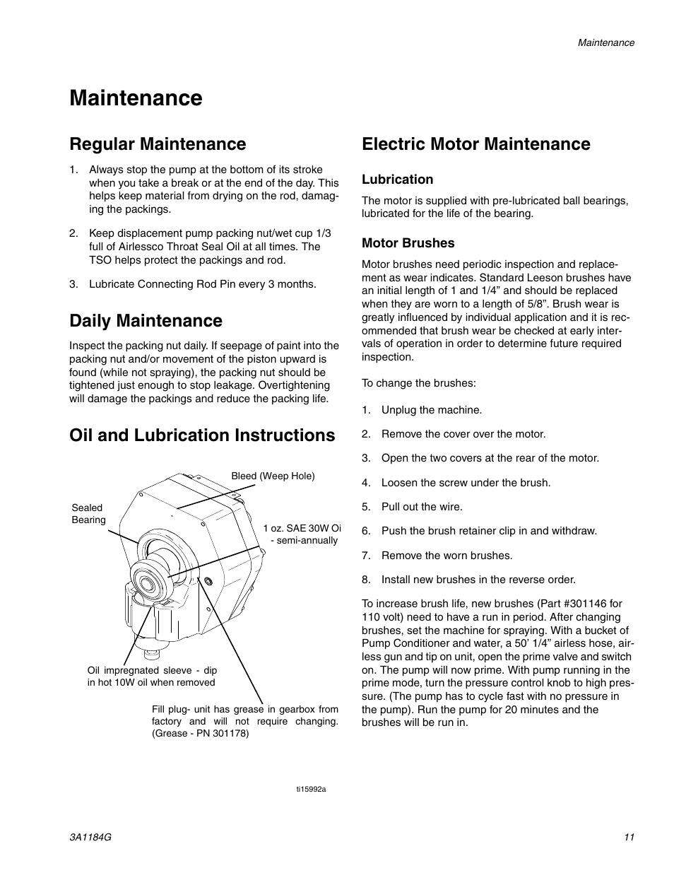 Maintenance, Regular maintenance, Daily maintenance | Oil and lubrication instructions, Electric motor maintenance | AIRLESSCO SL1100 User Manual | Page 11 / 34