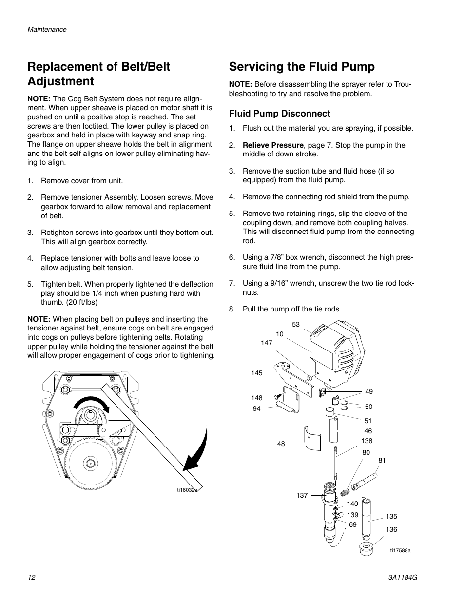 Replacement of belt/belt adjustment, Servicing the fluid pump | AIRLESSCO SL1100 User Manual | Page 12 / 34