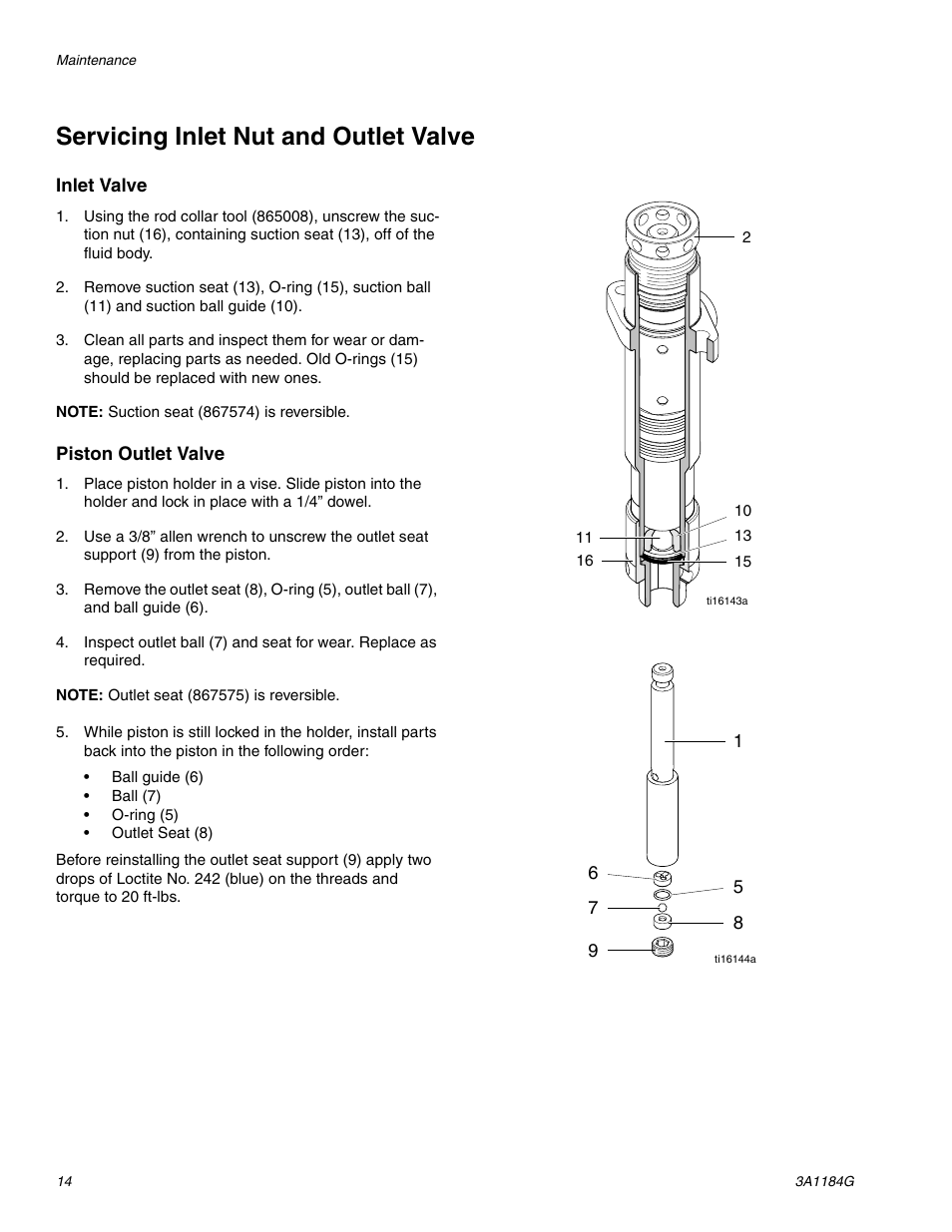 Servicing inlet nut and outlet valve | AIRLESSCO SL1100 User Manual | Page 14 / 34