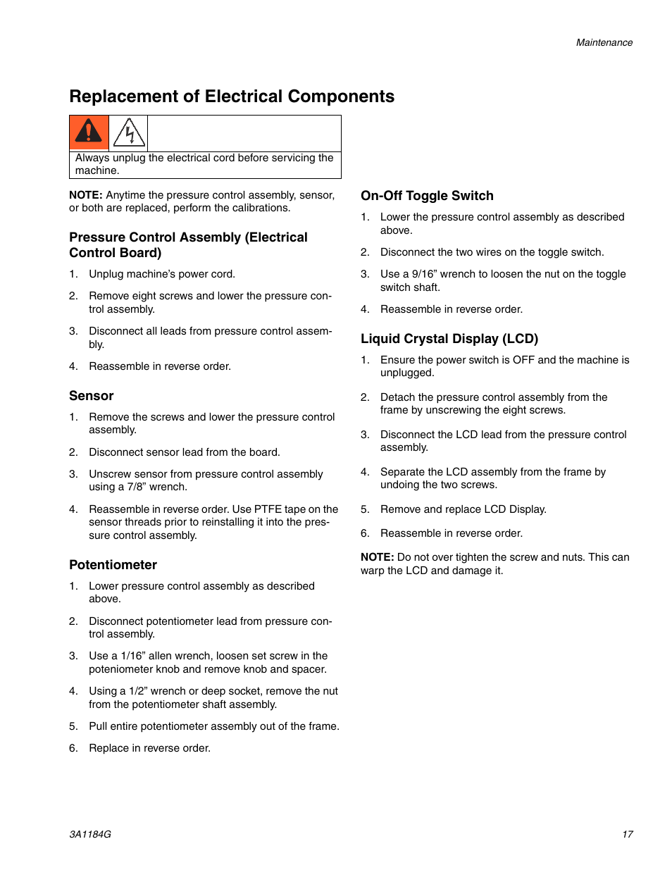 Replacement of electrical components | AIRLESSCO SL1100 User Manual | Page 17 / 34