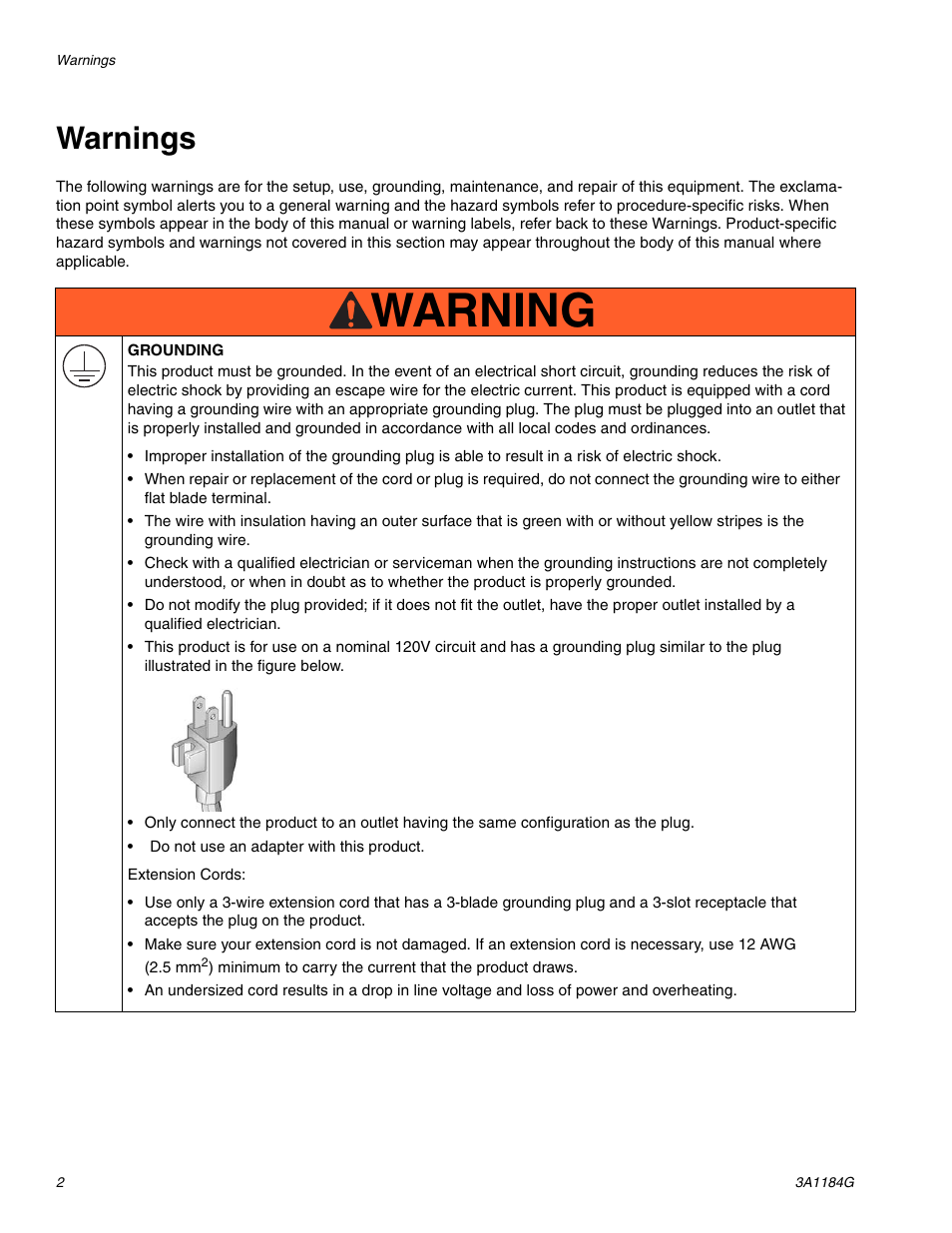 Warnings, Warning | AIRLESSCO SL1100 User Manual | Page 2 / 34