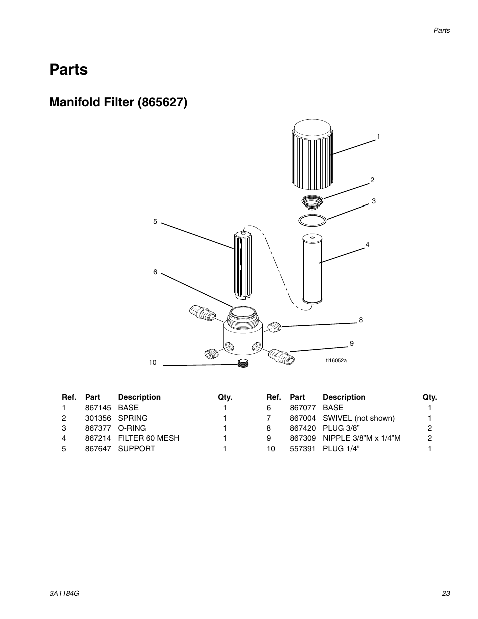 Parts, Manifold filter (865627) | AIRLESSCO SL1100 User Manual | Page 23 / 34