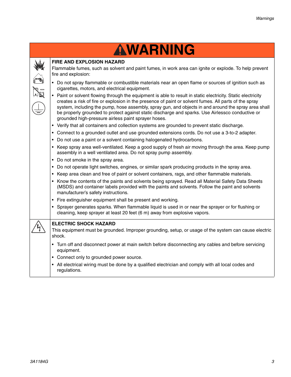 Warning | AIRLESSCO SL1100 User Manual | Page 3 / 34