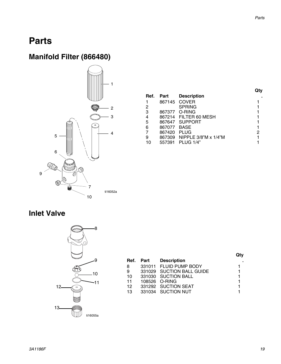 Parts, Manifold filter (866480), Inlet valve | AIRLESSCO GS800 User Manual | Page 19 / 28