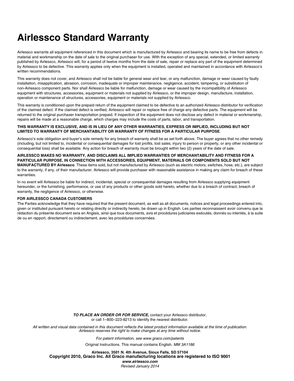 Airlessco standard warranty | AIRLESSCO GS800 User Manual | Page 28 / 28