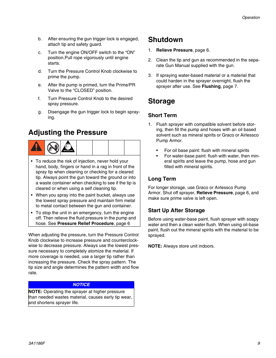 Adjusting the pressure, Shutdown, Storage | AIRLESSCO GS800 User Manual | Page 9 / 28