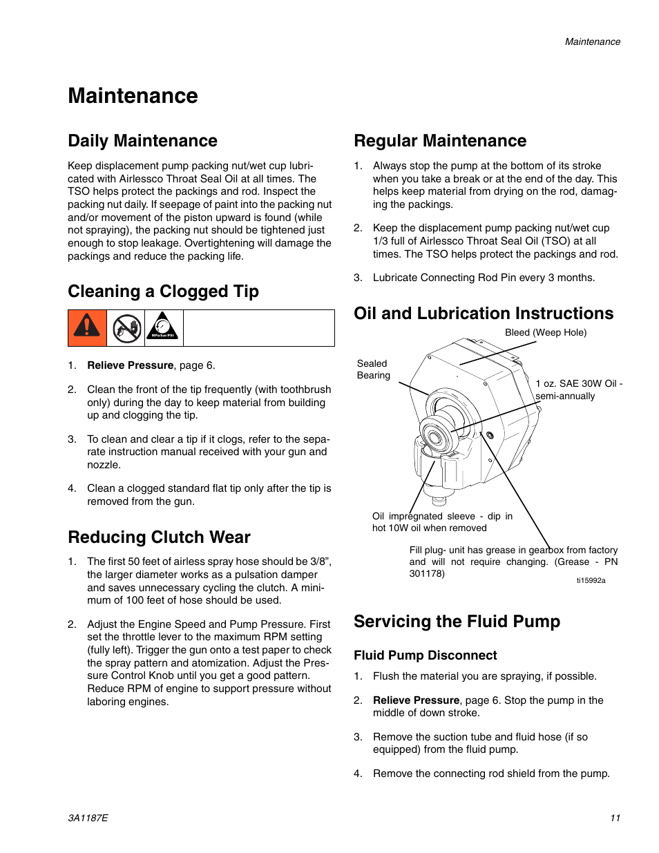 Maintenance, Daily maintenance, Cleaning a clogged tip | Reducing clutch wear, Regular maintenance, Oil and lubrication instructions, Servicing the fluid pump | AIRLESSCO GS6250 User Manual | Page 11 / 32