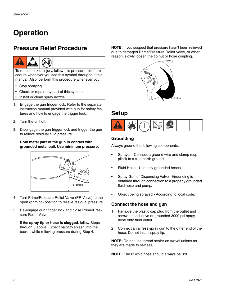 Operation, Pressure relief procedure, Setup | AIRLESSCO GS6250 User Manual | Page 6 / 32