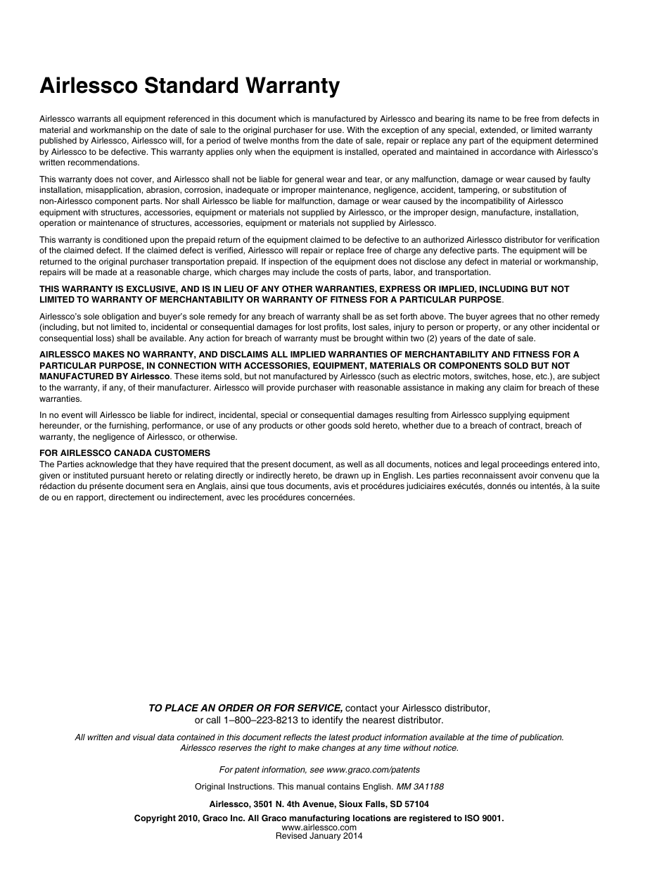 Airlessco standard warranty | AIRLESSCO HSS9000 User Manual | Page 32 / 32