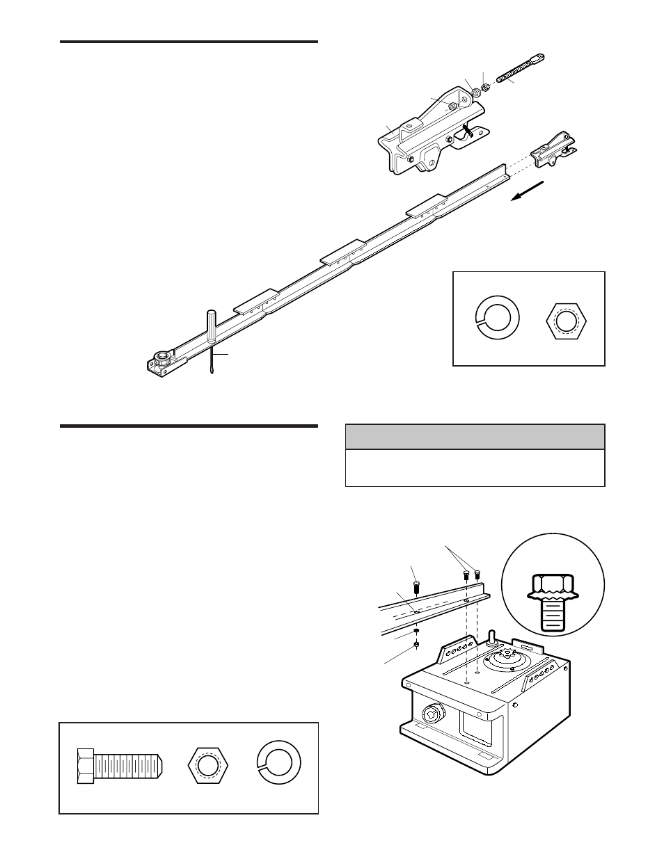 Caution, Assembly step 2, Assembly step 3 | Install the trolley, Fasten the t-rail to the motor unit | Chamberlain POWER DRIVE PD200 User Manual | Page 9 / 40