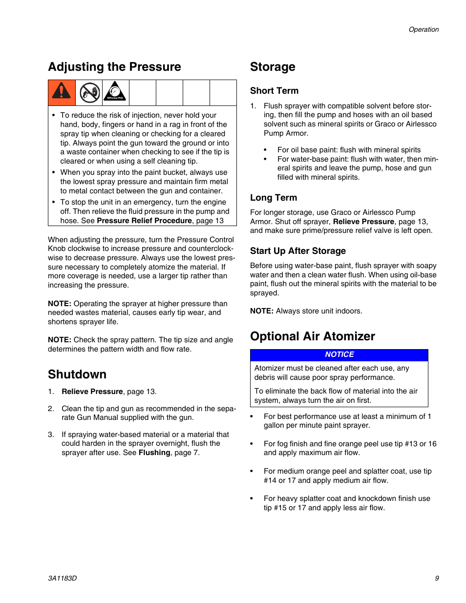 Adjusting the pressure, Shutdown, Storage | Optional air atomizer | AIRLESSCO TS1500 User Manual | Page 9 / 34