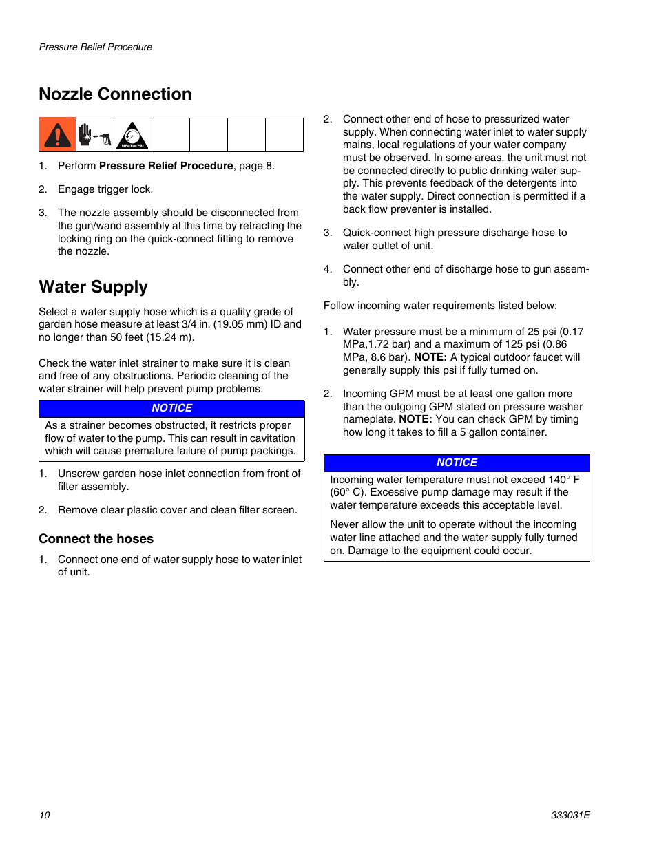 Nozzle connection, Water supply | AIRLESSCO G-Force II 2525 DD User Manual | Page 10 / 36