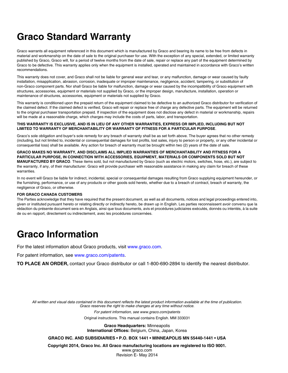Graco standard warranty, Graco information | AIRLESSCO G-Force II 2525 DD User Manual | Page 36 / 36