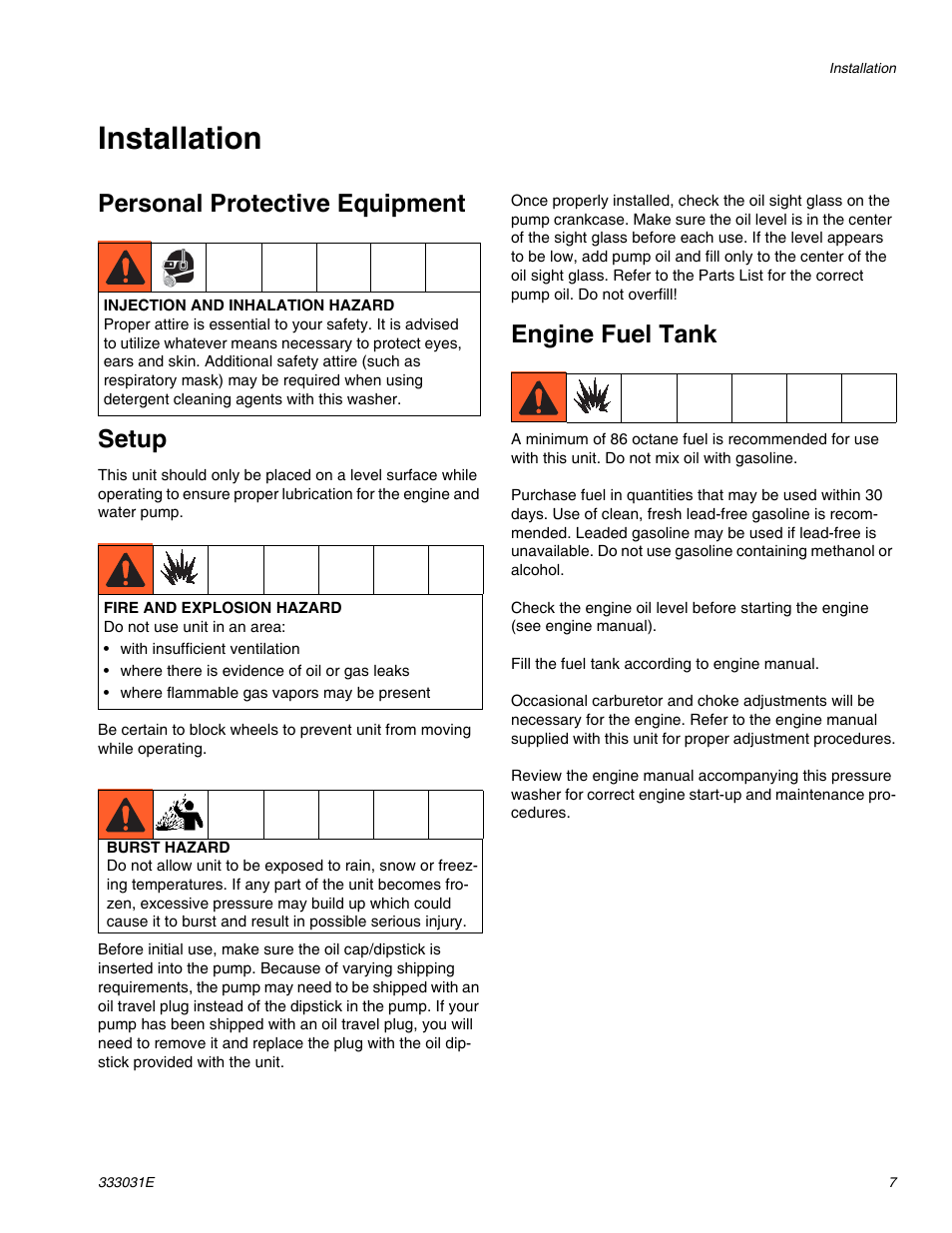 Installation, Personal protective equipment, Setup | Engine fuel tank, Personal protective equipment setup | AIRLESSCO G-Force II 2525 DD User Manual | Page 7 / 36
