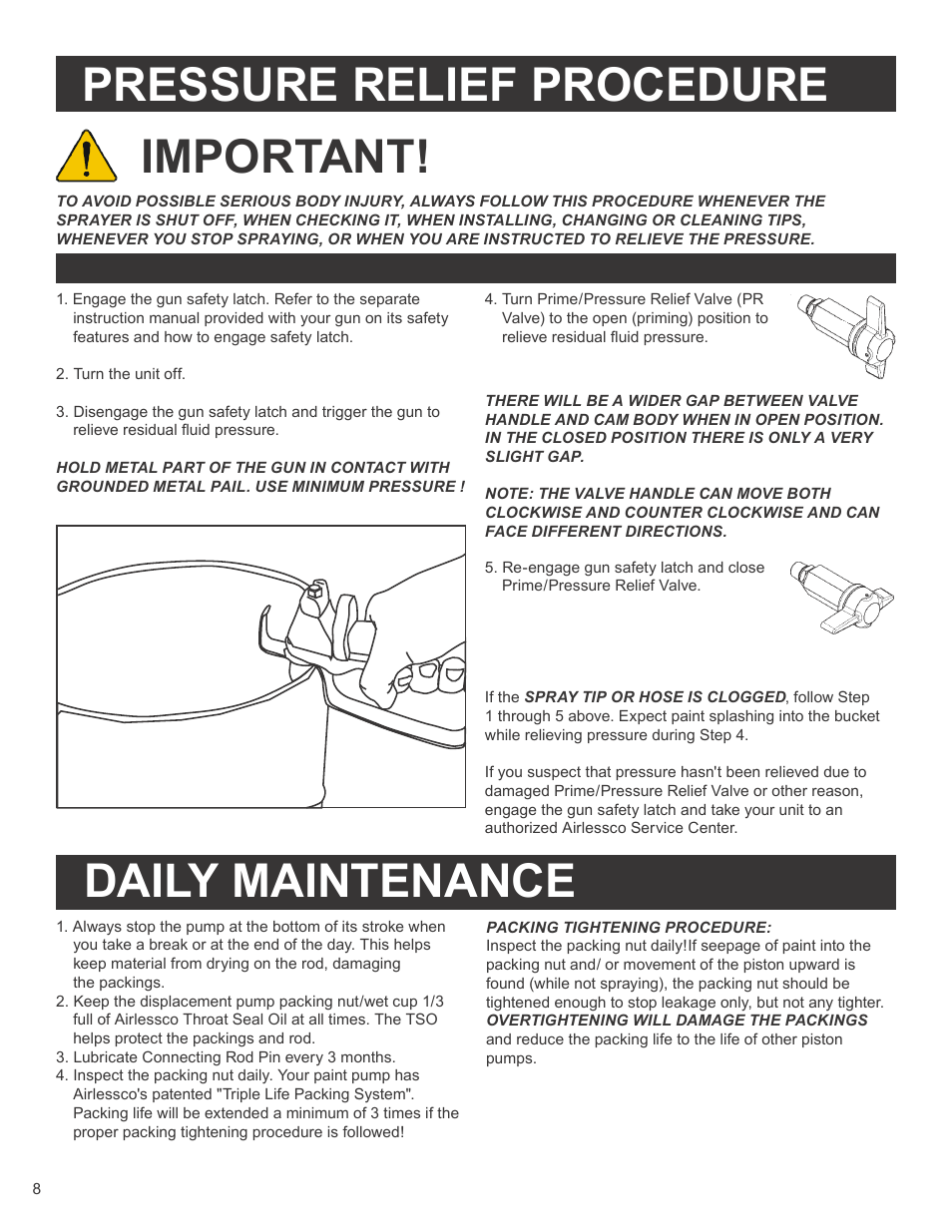 Pressure relief procedure, Important, Daily maintenance | AIRLESSCO SS3650 User Manual | Page 10 / 32