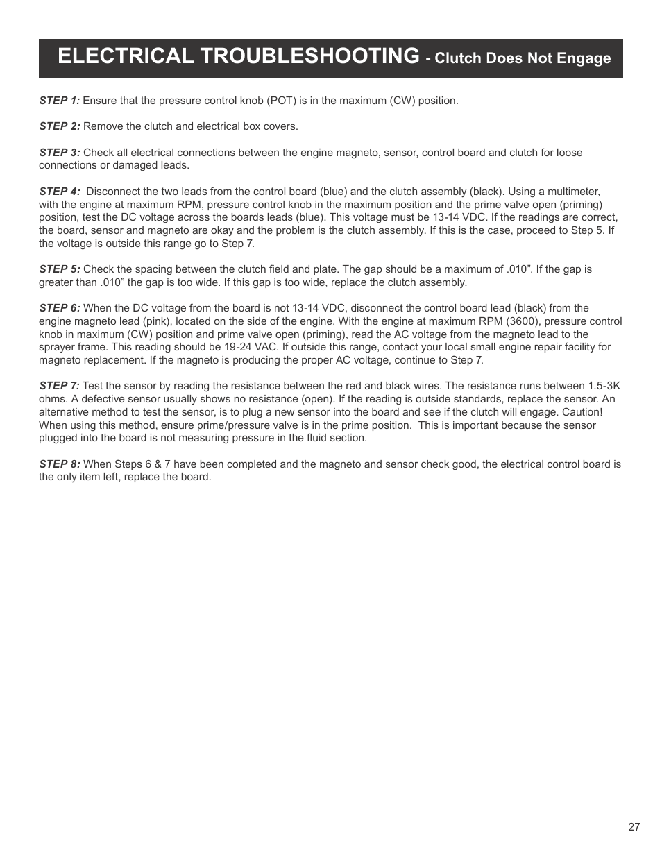 Electrical troubleshooting, Clutch does not engage | AIRLESSCO SS3650 User Manual | Page 29 / 32