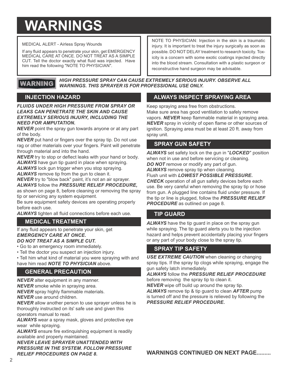 Warnings | AIRLESSCO SS3650 User Manual | Page 4 / 32