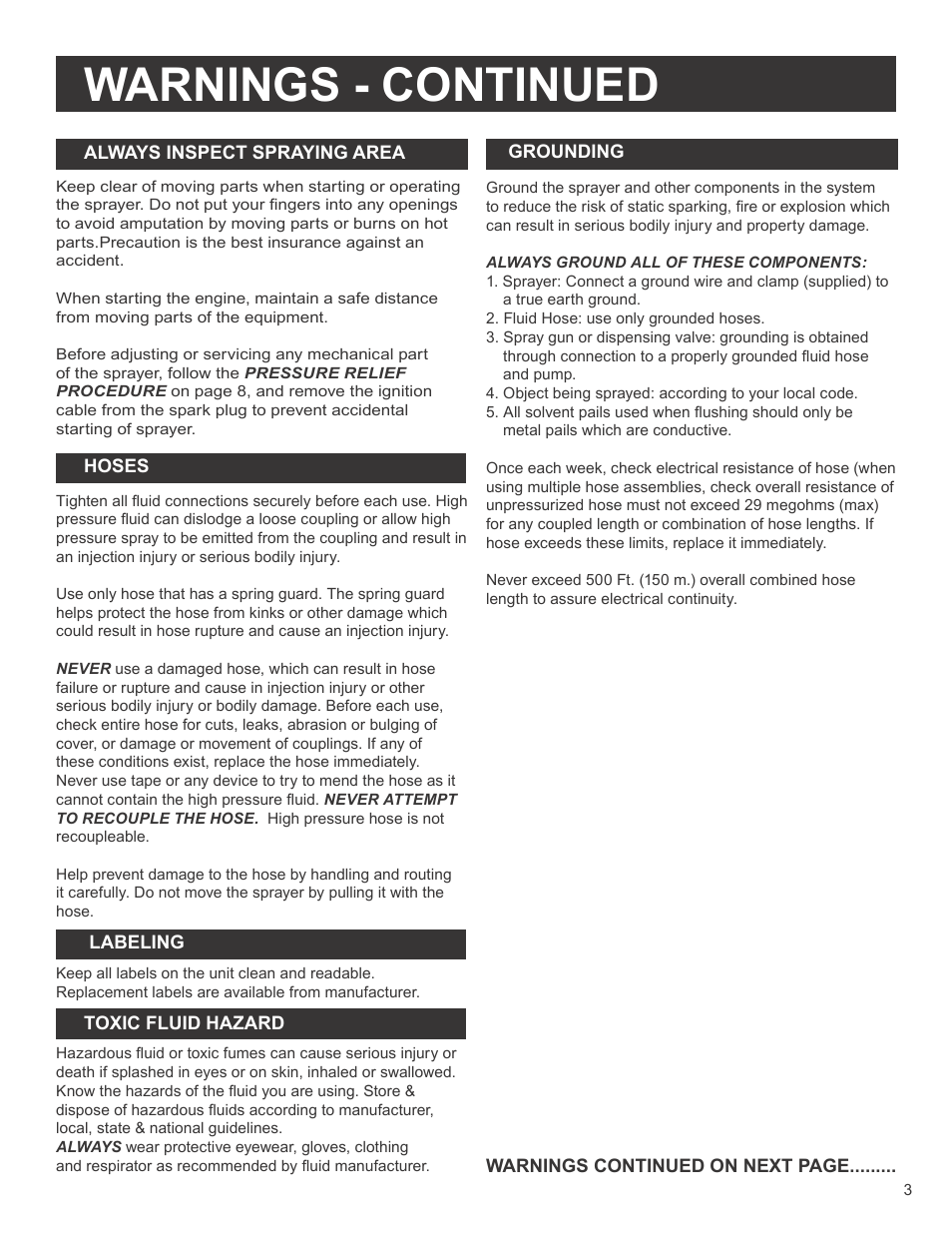 Warnings - continued | AIRLESSCO SS3650 User Manual | Page 5 / 32
