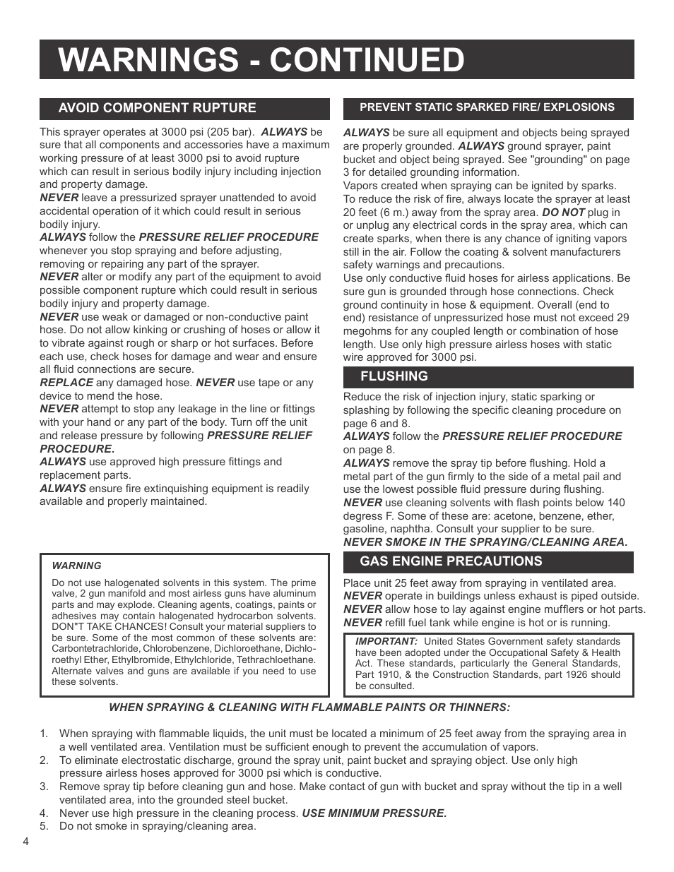 Warnings - continued | AIRLESSCO SS3650 User Manual | Page 6 / 32