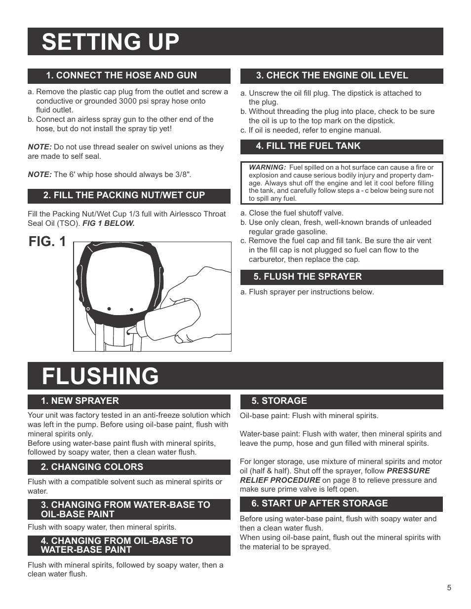 Setting up, Flushing, Fig. 1 | AIRLESSCO SS3650 User Manual | Page 7 / 32