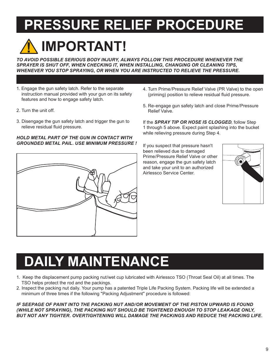 Pressure relief procedure, Important, Daily maintenance | AIRLESSCO SS4550 User Manual | Page 11 / 40
