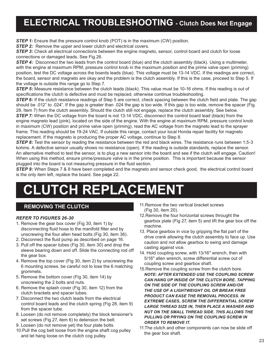 Clutch replacement, Electrical troubleshooting, Clutch does not engage | AIRLESSCO SS4550 User Manual | Page 25 / 40