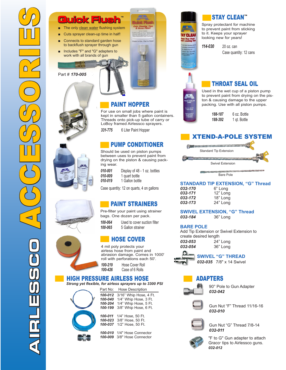Accessories, Quick flush, Stay clean | Throat seal oil, Pump conditioner, Paint strainers, Hose cover, High pressure airless hose, Paint hopper, Adapters | AIRLESSCO SS4550 User Manual | Page 38 / 40