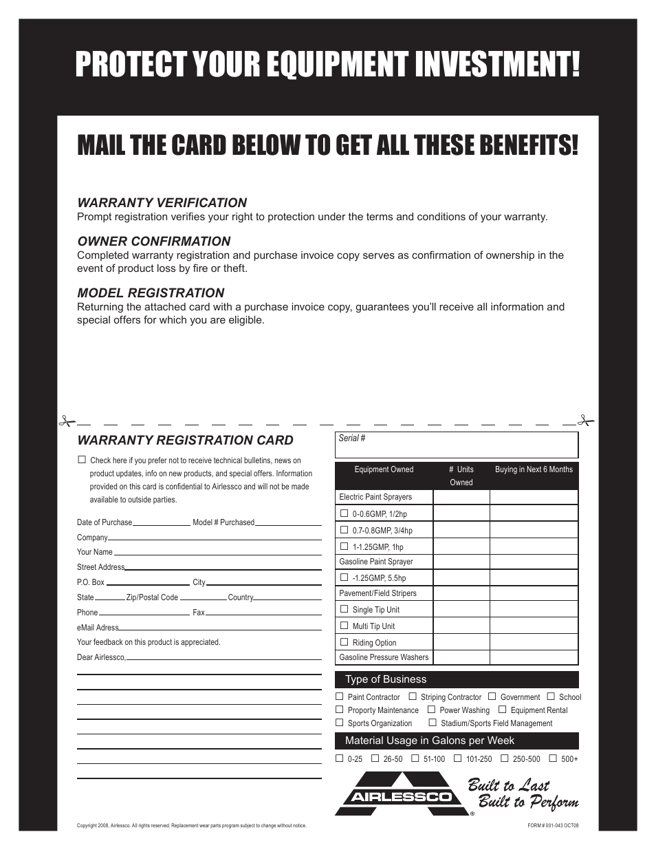 Protect your equipment investment, Mail the card below to get all these benefits | AIRLESSCO SS4550 User Manual | Page 39 / 40