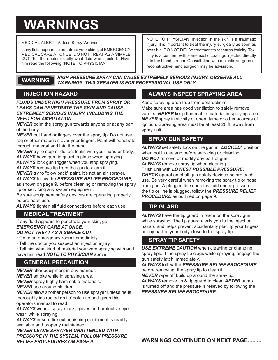 Warnings | AIRLESSCO SS4550 User Manual | Page 4 / 40