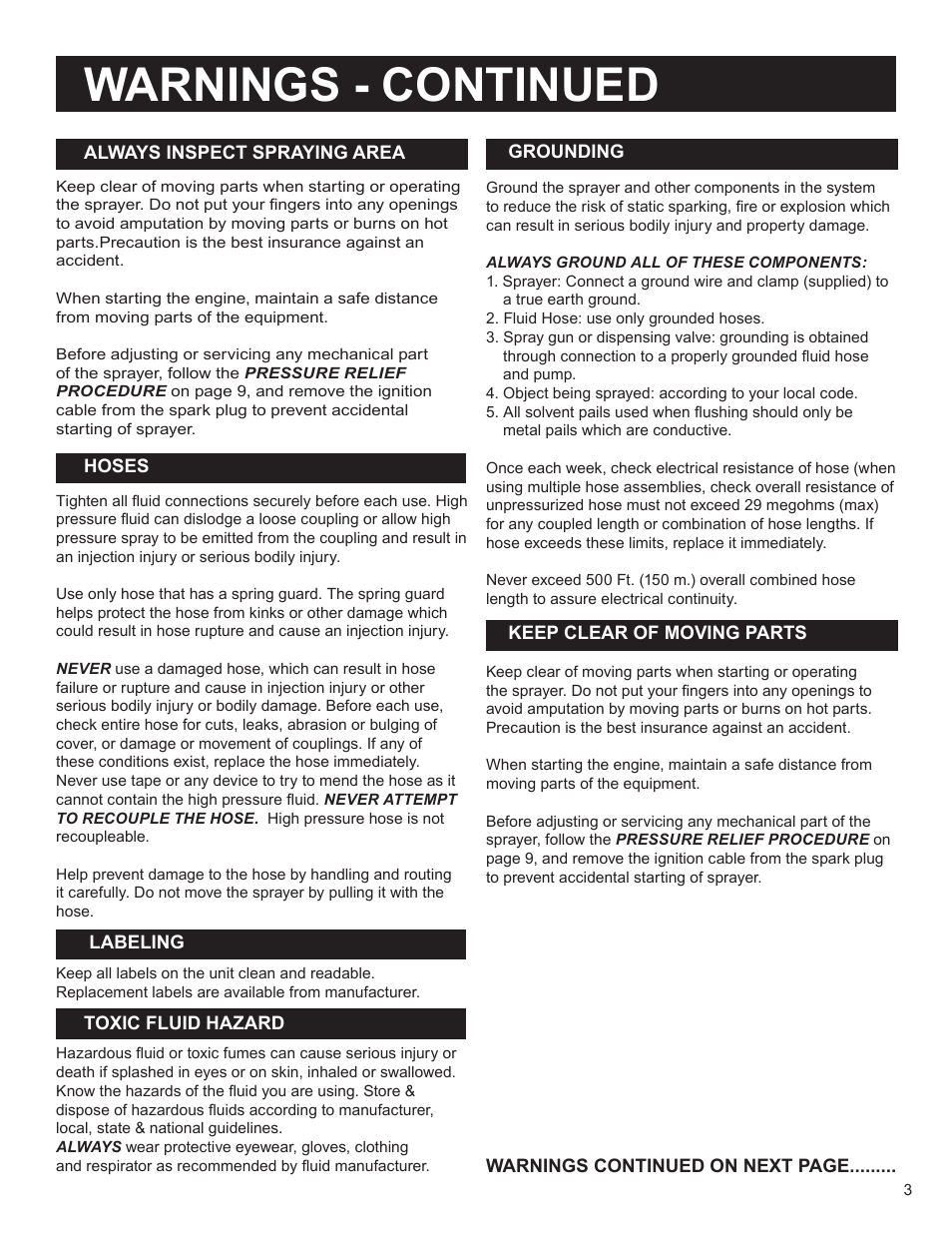 Warnings - continued | AIRLESSCO SS4550 User Manual | Page 5 / 40