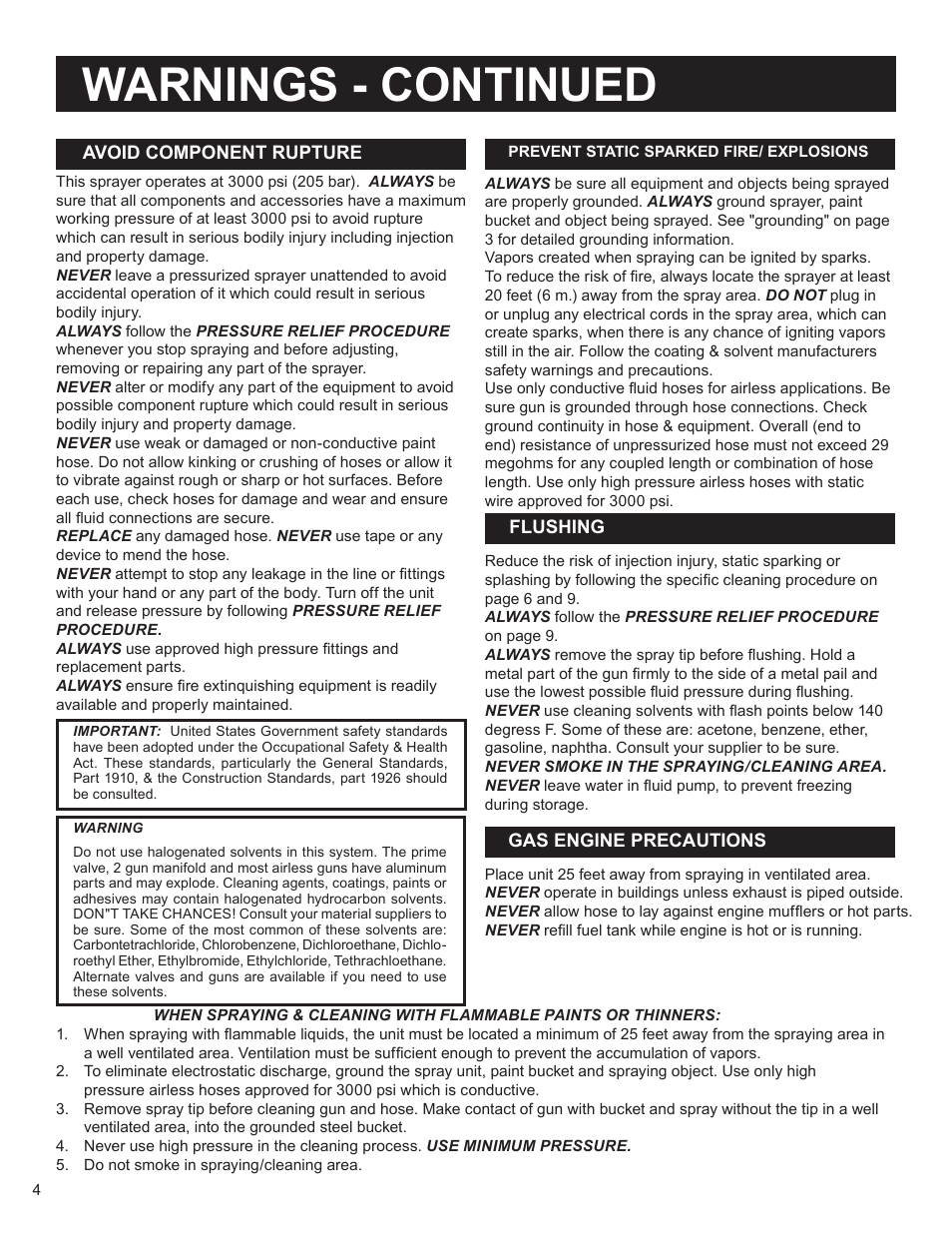 Warnings - continued | AIRLESSCO SS4550 User Manual | Page 6 / 40