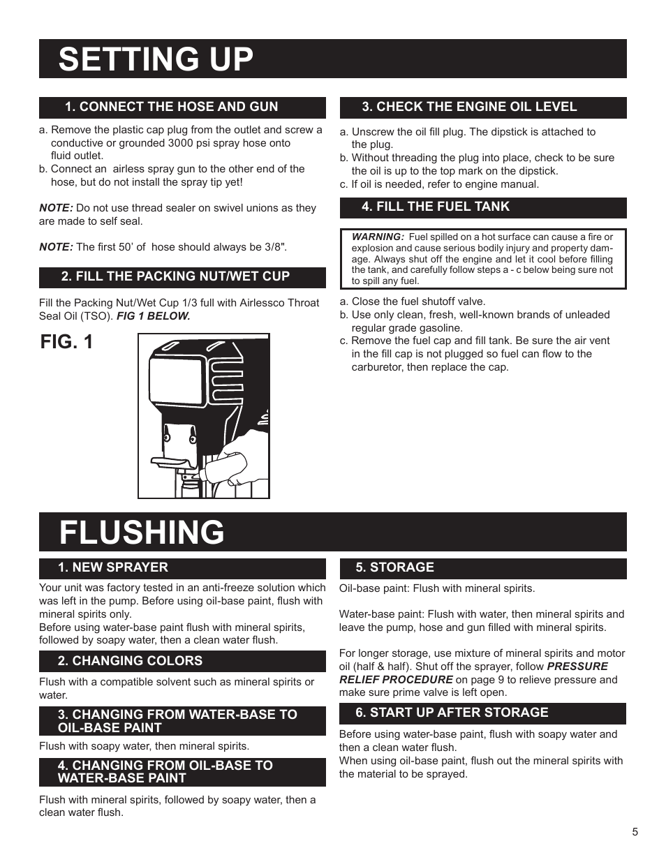Setting up, Flushing, Fig. 1 | AIRLESSCO SS4550 User Manual | Page 7 / 40