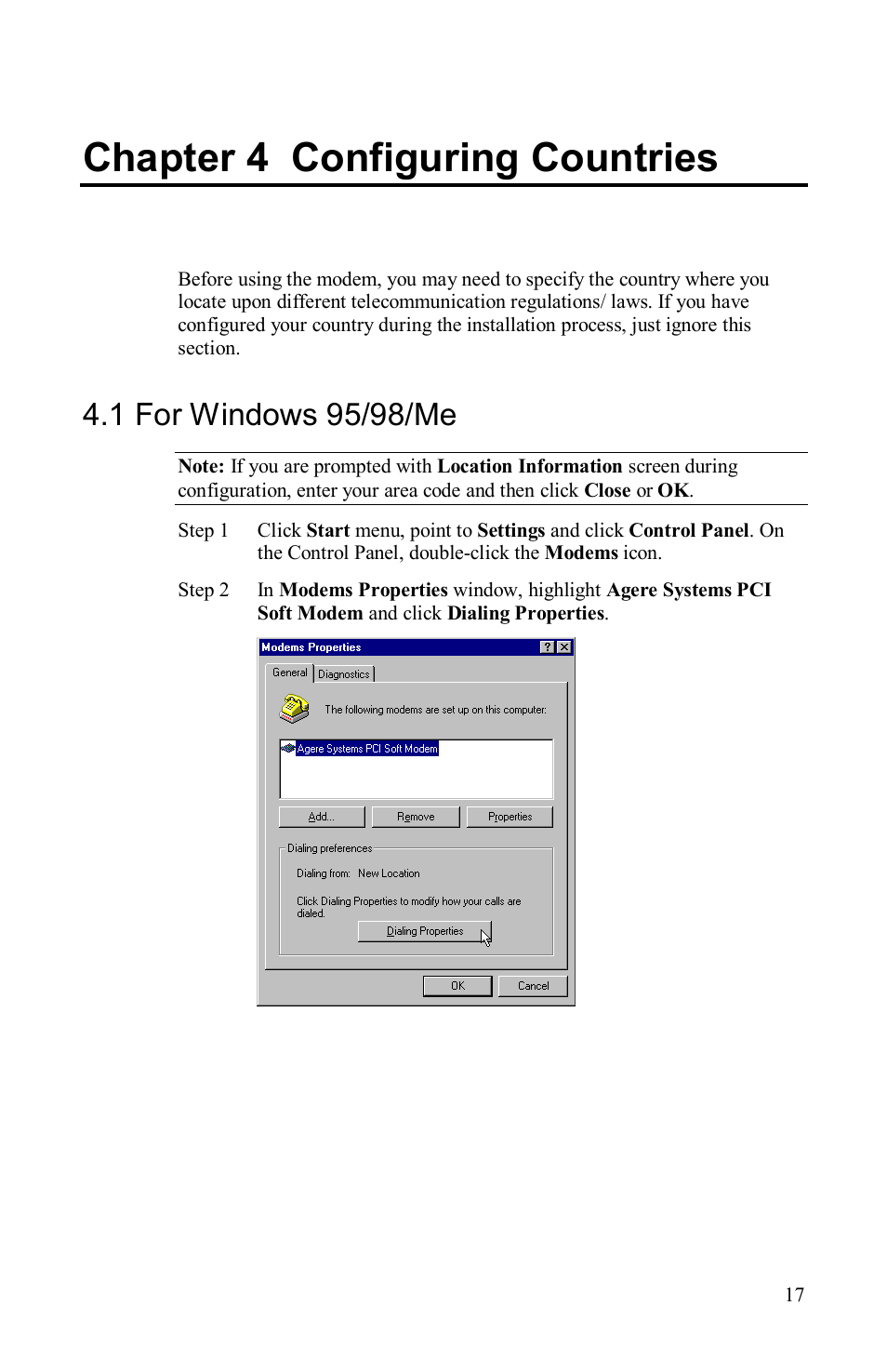Chapter 4 configuring countries, 1 for windows 95/98/me | Airlink AML001 User Manual | Page 19 / 78