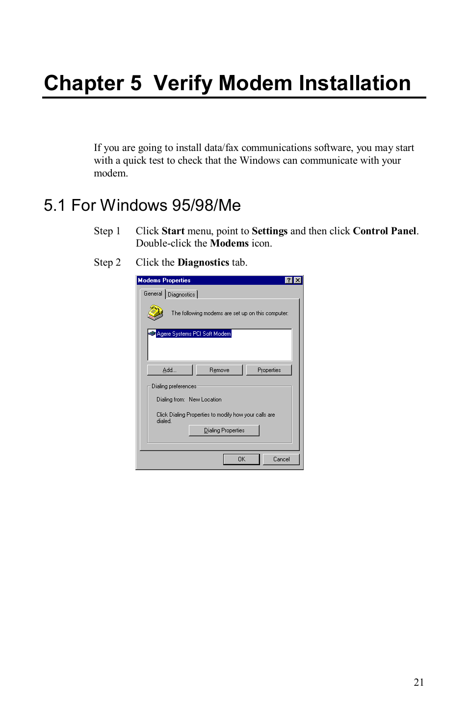 Chapter 5 verify modem installation, 1 for windows 95/98/me | Airlink AML001 User Manual | Page 23 / 78