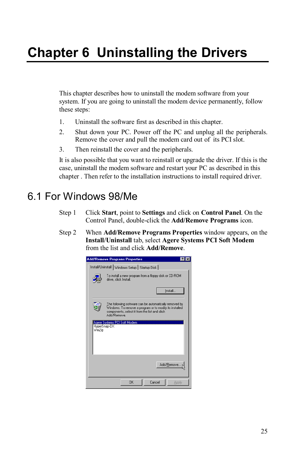 Chapter 6 uninstalling the drivers, 1 for windows 98/me | Airlink AML001 User Manual | Page 27 / 78