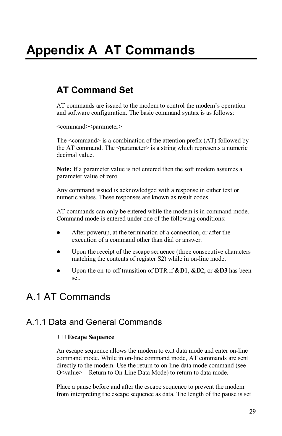 Appendix a at commands, A.1 at commands, A.1.1 data and general commands | At command set | Airlink AML001 User Manual | Page 30 / 78