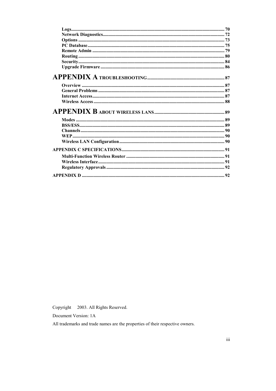 Appendix a, Appendix b | Airlink AR315W User Manual | Page 3 / 96