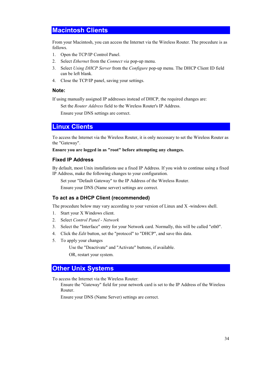 Macintosh clients, Linux clients, Other unix systems | Airlink AR315W User Manual | Page 38 / 96