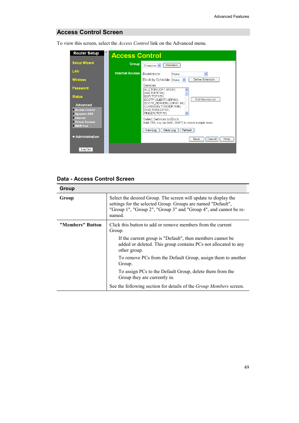 Access control screen | Airlink AR315W User Manual | Page 53 / 96