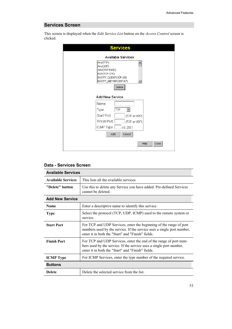 Services screen | Airlink AR315W User Manual | Page 57 / 96