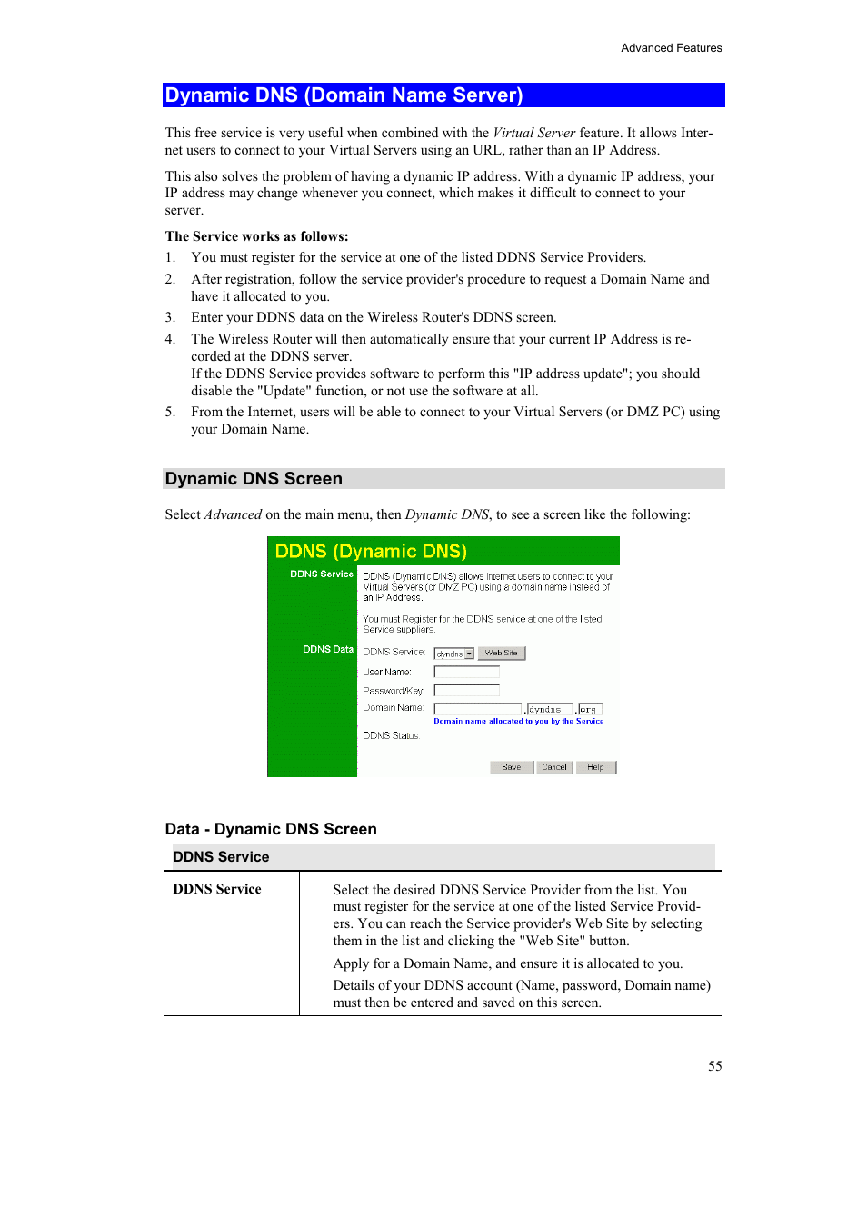 Dynamic dns (domain name server), Dynamic dns screen | Airlink AR315W User Manual | Page 59 / 96