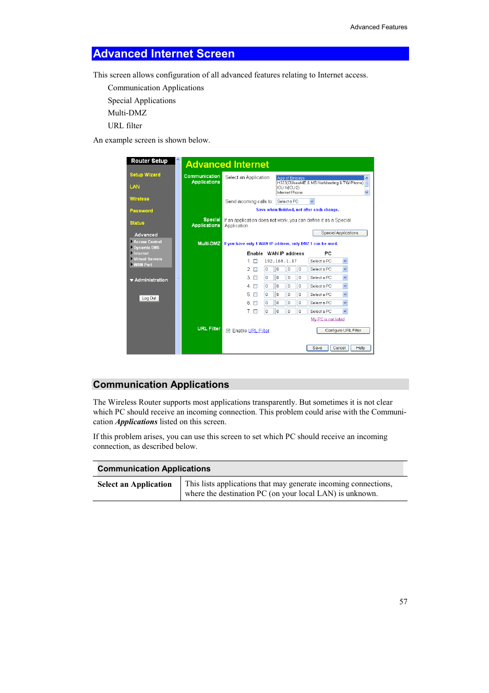 Advanced internet screen, Communication applications | Airlink AR315W User Manual | Page 61 / 96