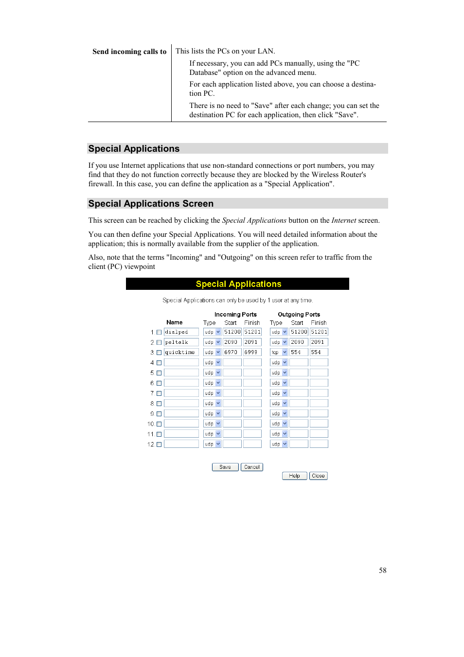 Special applications, Special applications screen | Airlink AR315W User Manual | Page 62 / 96