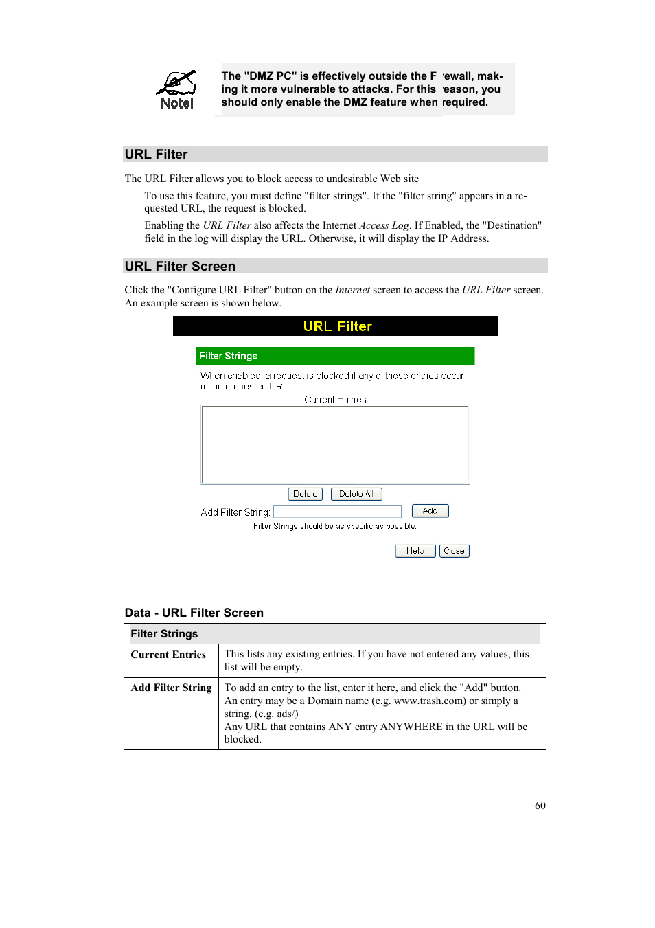 Url filter, Url filter screen | Airlink AR315W User Manual | Page 64 / 96