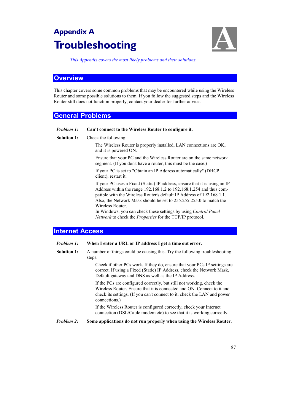 Troubleshooting, Appendix a | Airlink AR315W User Manual | Page 91 / 96